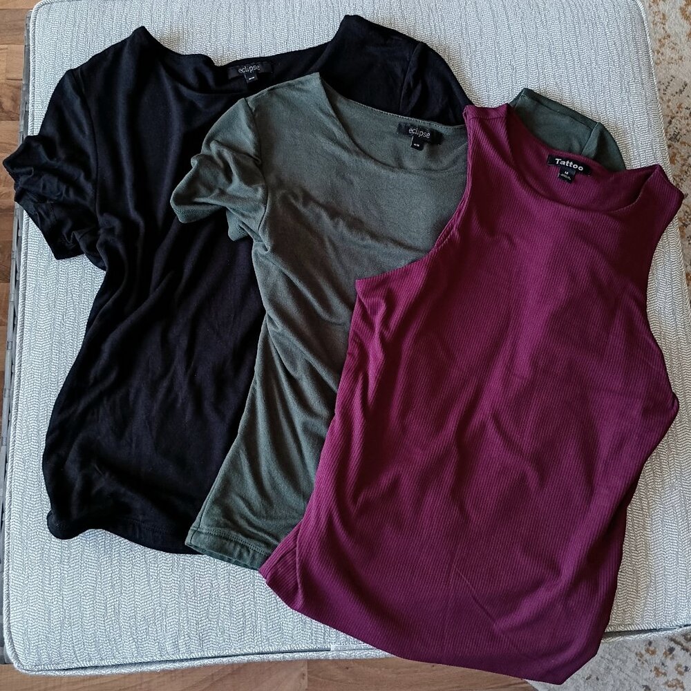 Bundle of 3 Fitted Stretch Double Lined Tees and Ribbed Tank